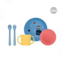 Miniland Baby Tableware Set of 5 ( Plate , Bowl , Spoon , Fork , Cup ) for encouraging independence in children- SPACE