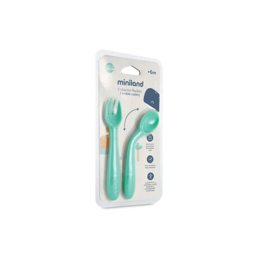 Miniland Flexible Spoon And Fork Set , flexible and soft materials , Perfect for sensitive gum - OCEAN - Miniland - Image 2