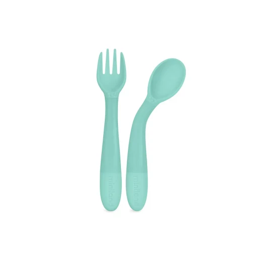 Miniland Flexible Spoon And Fork Set , flexible and soft materials , Perfect for sensitive gum - OCEAN