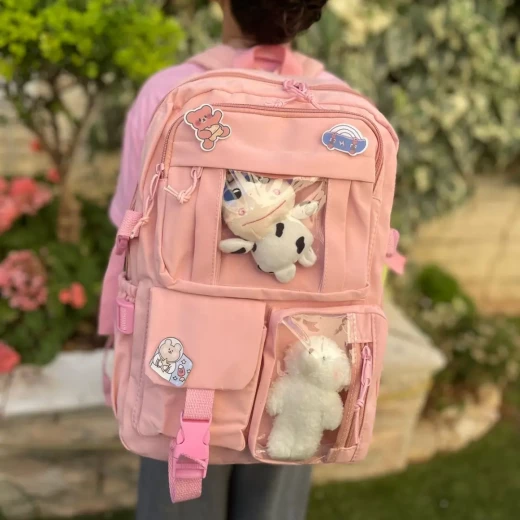Students Kid Children School Backbag With Pins And Bear Badge, Pink Color - Image 4