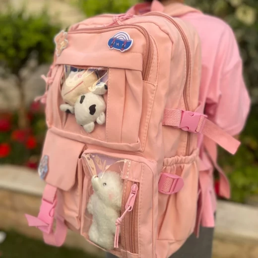 Students Kid Children School Backbag With Pins And Bear Badge, Pink Color - Image 6