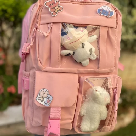 Students Kid Children School Backbag With Pins And Bear Badge, Pink Color - Image 7