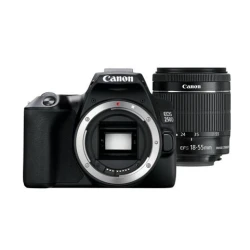 كاميرا كانون EOS 250D DSLR سوداء اللون مع عدسة EF-S 18-55mm f/4-5.6 IS STM - مستشعر APS-C بدقة 24.1 ميجابكسل، تسجيل فيديو بدقة 4K، ضبط تلقائي للصورة ثنائي البكسل، واي فاي وبلوتوث، شاشة لمس متغيرة الزاوية، تصميم خفيف الوزن