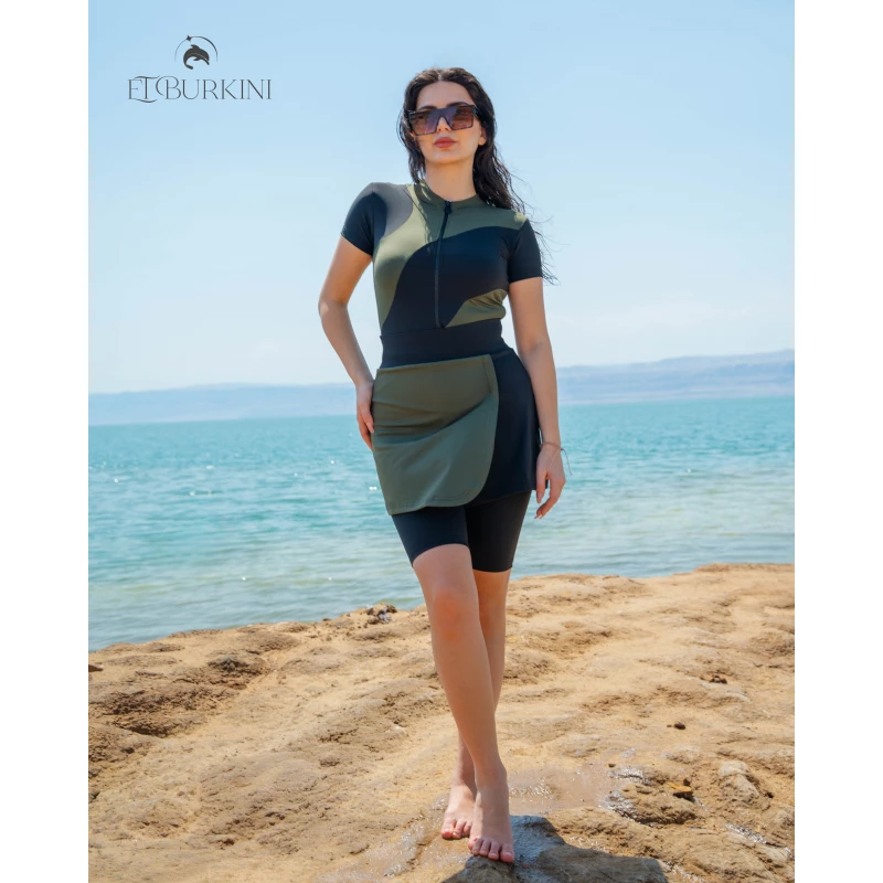 Hector Lite Olive Black Burkini Modest Swimwear for Women Sun Protection Light Full Body Coverage Set with Swim Tunic Skirt and Shorts Fast Drying High Elasticity Premium Swimming Suit Design for Beach - Burkini