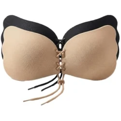 Adhesive Breast Lift Bra, Strapless Self-Adhesive Breast Shaper with Adjustable Front Lacing, Invisible Support Bra for Dresses and Backless Outfits, Beige, 1 Piece