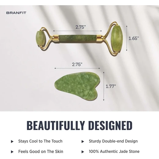 طقم أدوات العناية بالوجه Branfit، رولر جايد مزدوج الطرف مع أداة غوا شا، طقم قطعتين لتدليك الوجه والعناية بالبشرة، تصميم أنيق للاستخدام اليومي - ميرا للتسوق - Image 2