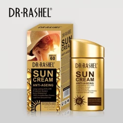 كريم واقي شمس مضاد لعلامات التقدم في العمر بمعامل حماية 60 من Dr. Rashel يوفر حماية فعالة من الأشعة فوق البنفسجية مع ترطيب البشرة وتقليل التجاعيد بتركيبة خفيفة سريعة الامتصاص للاستخدام اليومي