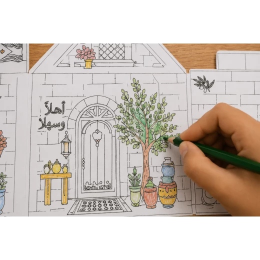 قرية حارتي – طقم قرية DIY إبداعي للأطفال للتلوين والطي، مستوحى من الثقافة الأردنية والعَمّانية وأجواء الربيع، مصنوع من كرتون 320 GSM، يحتوي على 6 قطع، أقصى ارتفاع 21 سم وعرض 40 سم، نشاط تعليمي ممتع لتنمية الإبداع والمهارات اليدوية - Image 3