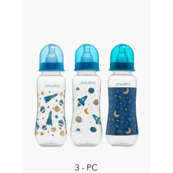 Juniors Feeding Bottles Saver Pack - 3 Pieces, 250ml / 8oz Blue Space Design with Soft Silicone Teat and Anti-Colic Valve