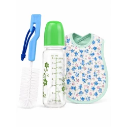 Baby Feeding Gift Set – 240ml Feeding Bottle with Waterproof Bib & Bottle Cleaning Brush | Complete Newborn Feeding Kit