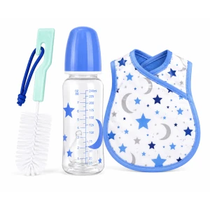 Baby Feeding Gift Set – 240ml Feeding Bottle with Waterproof Bib & Bottle Cleaning Brush | Complete Newborn Feeding Kit