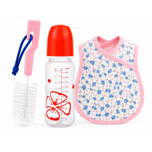 Baby Feeding Gift Set – 240ml Feeding Bottle with Waterproof Bib & Bottle Cleaning Brush | Complete Newborn Feeding Kit - Smart Baby - Image 2