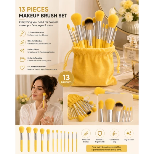 Professional 13-Piece Makeup Brush Set – Ultra-Soft Face & Eye Brushes with Travel Pouch - Brushs - Image 2