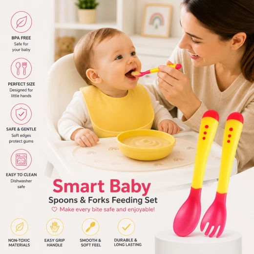 Smart Baby Spoons and Forks Feeding Set, Yellow Color Smart Baby Spoons and Forks Feeding Set, Yellow Color