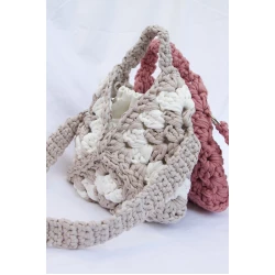 Handmade Crochet Bag in Beige and White with 70 cm Strap and Soft Satin Lining, Lightweight Elegant Design for Daily Use, Casual Outfits, and Stylish Fashion Looks