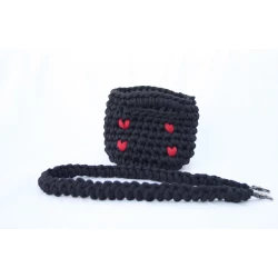 Black Crochet Bag with Red Hearts – Stylish Handmade Design with 60 cm Strap, Elegant Everyday & Casual Fashion Bag