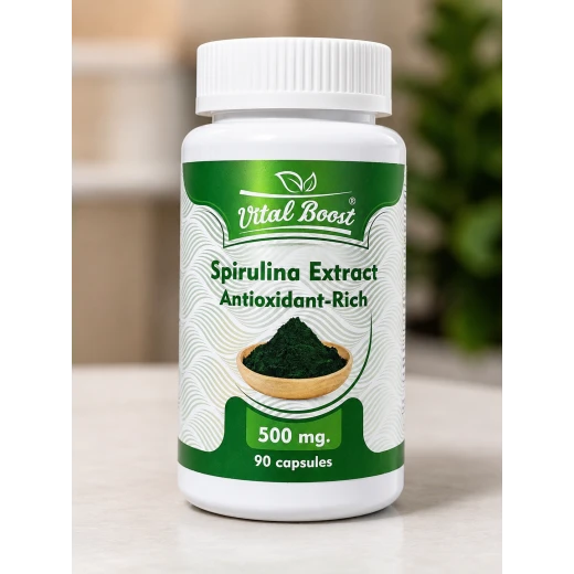 Vital Boost Spirulina 500 mg سبيرولينا 500 مجم مكمل غذائي طبيعي غني بالبروتين والفيتامينات والمعادن ومضادات الأكسدة يدعم الطاقة والمناعة والصحة العامة مناسب للاستخدام اليومي Vital Boost Spirulina 500 mg سبيرولينا 500 مجم مكمل غذائي طبيعي غني بالبروتين والفيتامينات والمعادن ومضادات الأكسدة يدعم الطاقة والمناعة والصحة العامة مناسب للاستخدام اليومي