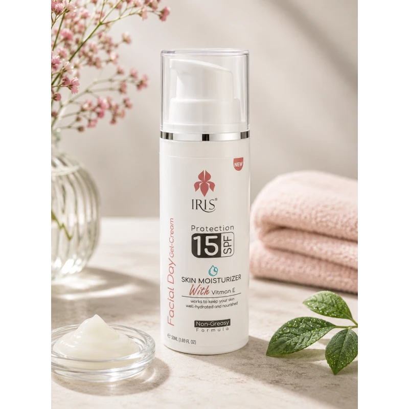   IRIS Facial Day Gel-Cream SPF 15 with Vitamin E, Lightweight Non-Greasy Daily Moisturizer for Face and Neck, Helps Support Hydration, Smoothness and Everyday Sun Protection, Suitable for All Skin Types Including Oily Skin - Iris Dead Sea
