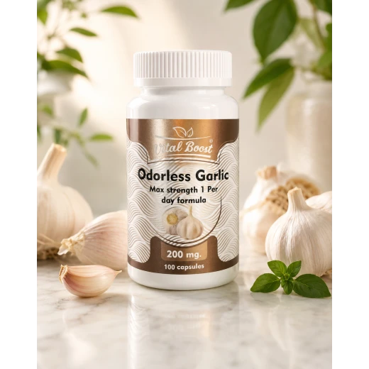 Vital Boost Odorless Garlic 200 mg 100 كبسولة ثوم عديم الرائحة مكمل غذائي يدعم صحة القلب والدورة الدموية والمناعة غني بالمركبات الطبيعية مناسب للاستخدام اليومي Vital Boost Odorless Garlic 200 mg 100 كبسولة ثوم عديم الرائحة مكمل غذائي يدعم صحة القلب والدورة الدموية والمناعة غني بالمركبات الطبيعية مناسب للاستخدام اليومي