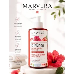 Marvera Hibiscus Shampoo Infused with Keratin, Aloe Vera & Green Tea, 400 ml – Salt-Free, Paraben-Free and Sulfate-Free, Suitable for Color-Treated Hair and All Hair Types