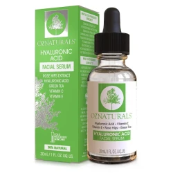 OZNaturals Hyaluronic Acid Facial Serum – 30 ml A hydrating facial serum with Hyaluronic Acid, Vitamin C, Vitamin E, Green Tea, and Rose Hips Extract