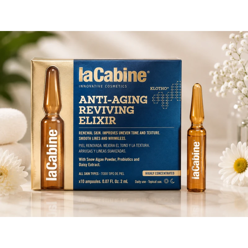 LaCabine Anti-Aging Reviving Elixir Klotho+ Highly Concentrated Facial Ampoules with Snow Algae Powder, Probiotics and Daisy Extract, 10 Ampoules × 2 ml - LaCabine