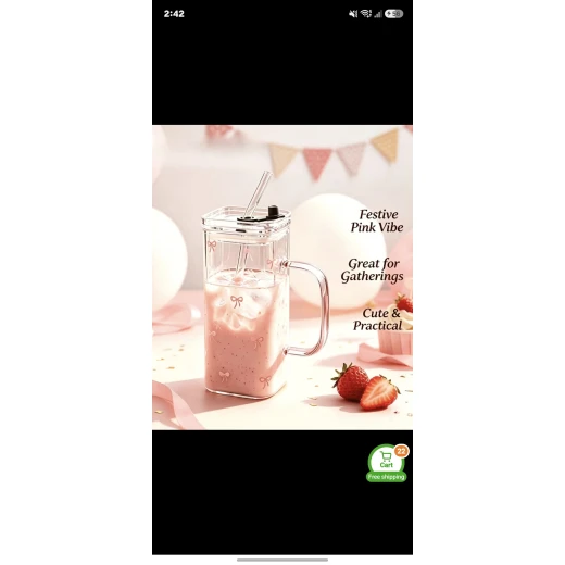 Ins Style Square Glass Cup with Pink Handle, Lid & Straw (400ml / 13.53oz) – High-Temperature Resistant Borosilicate Glass for Iced Coffee, Milk & Juice, Ideal Gift for Students & Holidays - ... - Image 3
