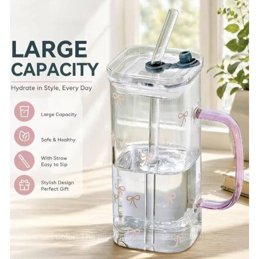 Ins Style Square Glass Cup with Pink Handle, Lid & Straw (400ml / 13.53oz) – High-Temperature Resistant Borosilicate Glass for Iced Coffee, Milk & Juice, Ideal Gift for Students & Holidays - ... - Image 4