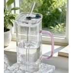 Ins Style Square Glass Cup with Pink Handle, Lid & Straw (400ml / 13.53oz) – High-Temperature Resistant Borosilicate Glass for Iced Coffee, Milk & Juice, Ideal Gift for Students & Holidays - ...