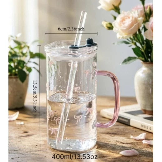 Ins Style Square Glass Cup with Pink Handle, Lid & Straw (400ml / 13.53oz) – High-Temperature Resistant Borosilicate Glass for Iced Coffee, Milk & Juice, Ideal Gift for Students & Holidays - ... - Image 5