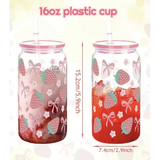 Strawberry Bow Print Portable Plastic Cup 500ml - Image 3
