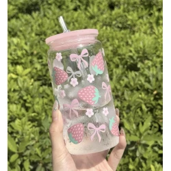 Strawberry Bow Print Portable Plastic Cup 500ml