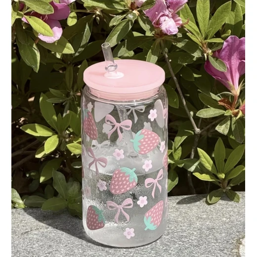 Strawberry Bow Print Portable Plastic Cup 500ml - Image 4