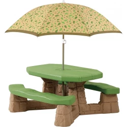 Step2 naturally playful kids picnic table with removeable umbrella, indoor/outdoor toys, fits 6 children, made of durable plastic, for toddlers 3+ years old, green & leaves