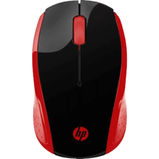 The HP 200 mouse (in red) is an affordable, ambidextrous peripheral designed for everyday computing tasks and mobile office setups.