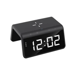 HAVIT W320 6-in-1 Wireless Charging Station – Black charging, digital alarm clock, RGB ambient light, and USB charging port in a compact design.