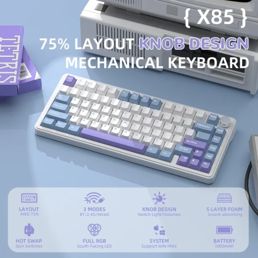 Attack Shark X85 75% Wireless Keyboard – Bluetooth, Gasket Mount, White Purple Jade Switch Arabic and English Layout - ATTACK SHARK - Image 3