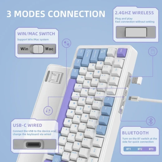 Attack Shark X85 75% Wireless Keyboard – Bluetooth, Gasket Mount, White Purple Jade Switch Arabic and English Layout - ATTACK SHARK - Image 4