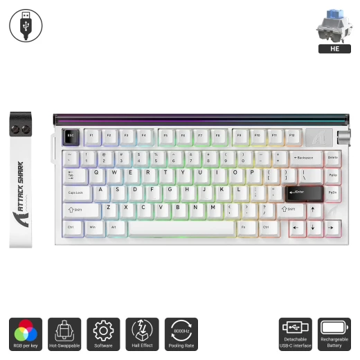 Attack Shark R85 HE Wired 75% Hall Effect Rapid Trigger Mechanical RGB Gaming Keyboard with 8K Polling,0.05mm RT Accuracy,0.08MS Latency,Magnetic Switch,5 Layer Sound Damped,Driver for PC(Star White) Arabic and English Layout
