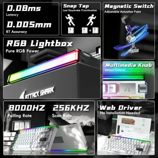 Attack Shark R85 HE Wired 75% Hall Effect Rapid Trigger Mechanical RGB Gaming Keyboard with 8K Polling,0.05mm RT Accuracy,0.08MS Latency,Magnetic Switch,5 Layer Sound Damped,Driver for PC(Star White) Arabic and English Layout - ATTACK SHARK - Image 4