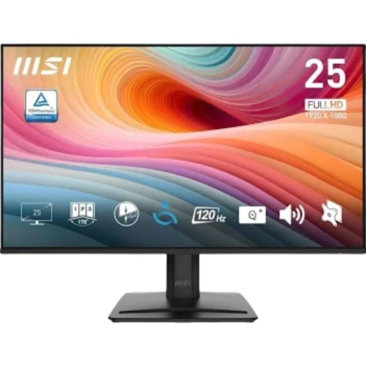 MSI 24.5-inch monitor, 120Hz, black, 3-year warranty; suitable for work and gaming. MSI 24.5-inch monitor, 120Hz, black, 3-year warranty; suitable for work and gaming.