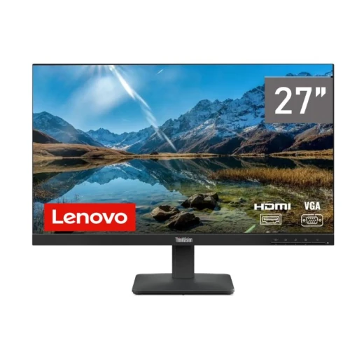 Lenovo ThinkVision 27-inch monitor (model number S27e), featuring HDMI support and a three-year warranty. Lenovo ThinkVision 27-inch monitor (model number S27e), featuring HDMI support and a three-year warranty.