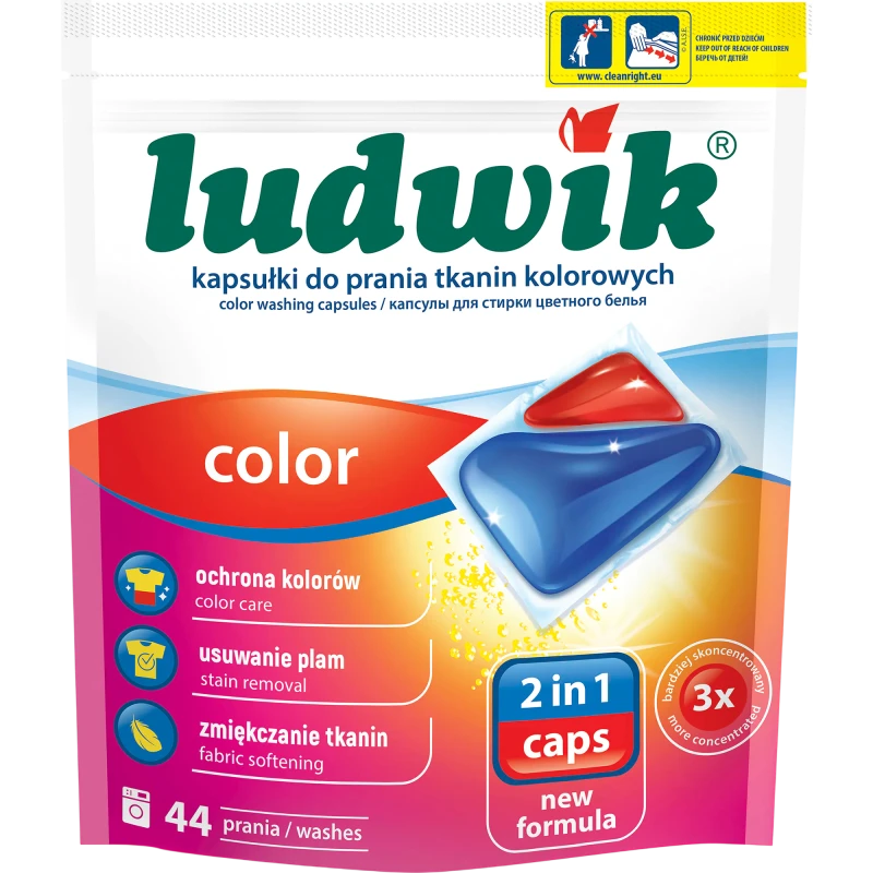 Ludwik Colour 2-in-1 Laundry Gel Capsules for Coloured Fabrics, Colour Care, Stain Removal & Fabric Softening, 44 Washes - Ludwik
