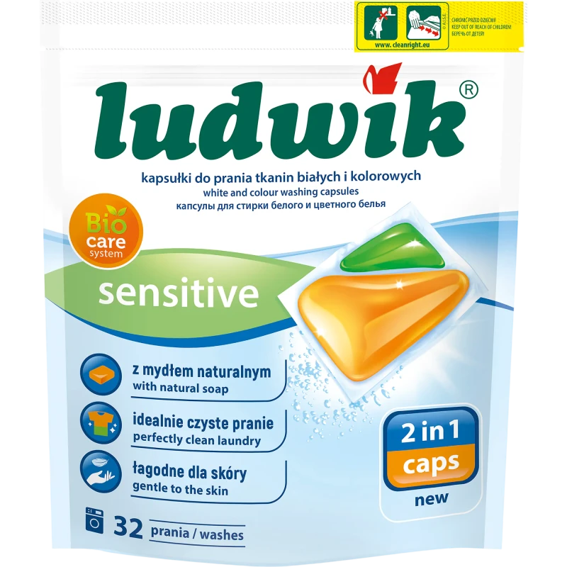 Ludwik Sensitive 2-in-1 Laundry Capsules for White and Coloured Fabrics, with Natural Soap, 32 Washes - Ludwik