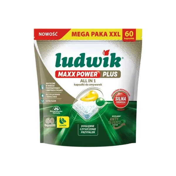 Ludwik MAXX Power Plus All in 1 Dishwasher Capsules, Lemon, 60 Capsules - Ludwik