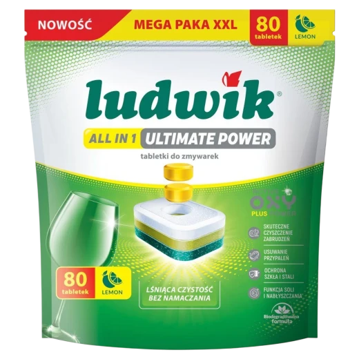 Ludwik All in 1 Ultimate Power Dishwasher Tablets, Lemon, 80 Tablets