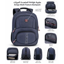 Ameco Navy Laptop Backpack – Durable Fabric with Multiple Compartments