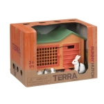 TERRA, Bunny Hutch Playset Mini Animal House with 2 Bunny Figures Carrot Bowl Opening Doors Kids 3+ Cute Collectible Farm Animal Toy Small Animal Habitat Playset - Terra