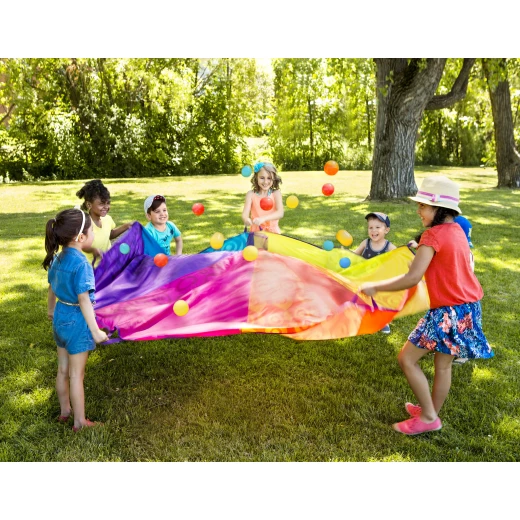 B. Toys, Play Parachute Woo-Hue 8-Foot Rainbow Parachute for Kids 3 Years and Up with 12 Handles and 15 Colorful Balls Outdoor Cooperative Games and Active Play - B. toys - Image 4