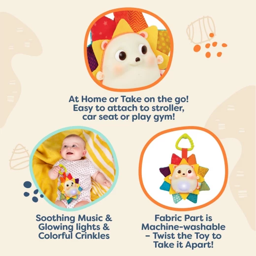 B. Toys, RainGlow Buddy Sensory Baby Hedgehog Toy With Music Lights Soft Fabric And Portable Clip On Design For Newborns And Babies - B. toys - Image 4